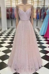 Pink V Neck Tulle Sequin Long Evening Prom Dresses Pink Tulle Evening Dresses