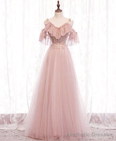 Pink V-neckline Lace Off Shoulder Long Party Dress, Pink Floor Length Formal Dress