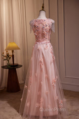 Pink V-Neckline Tulle Beaded With Lace Applique Evening Prom Dresses, Pink Party Dresses