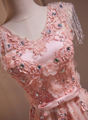 Pink V-Neckline Tulle Beaded With Lace Applique Evening Prom Dresses, Pink Party Dresses