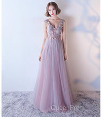 Pink V-Neckline Tulle With Flowers Beaded Long Party Dresses, Junior Evening Prom Dresses
