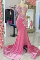 Pink Velvet Applique Beaded Evening Prom Dresses, Sexy Mermaid Slit Evening Dresses