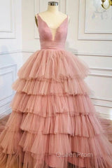 Blue V Neck Tiered Sleeveless Tulle Evening Prom Dresses, Gorgeous Long Party Dresses