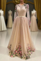 A Line Tulle Long Evening Prom Dresses with Flowers, Pink Long Sleeves Party Dresses with Beading