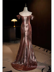 Pleat Trumpet Mermaid Coffee Sequin Evening Prom Dresses With Slit