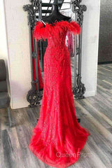 Plunging V-Neck Red Feather Shoulder Long Evening Prom Dresses Gala Evening Gown