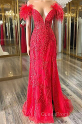 Plunging V-Neck Red Feather Shoulder Long Evening Prom Dresses Gala Evening Gown