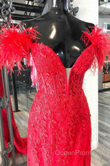 Plunging V-Neck Red Feather Shoulder Long Evening Prom Dresses Gala Evening Gown