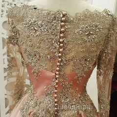 Plus Size Muslim Evening Dresses A-Line Long Sleeves Pearls Lace Islamic Dubai Kaftan Saudi Arabic Long Evening Gown