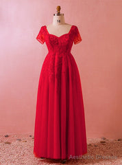 Plus Size Red Tulle Appliques Short Sleeve Floor Length Prom Dress