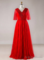 Plus Size Red Tulle V-neck Backless Floor Length Prom Dress