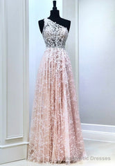 Pink Lace Long Prom Dresses, One Shoulder Evening Party Dresses