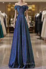 Pretty A Line Off The Shoulder Blue Sequin Long Evening Prom Dresses Evening Gowns