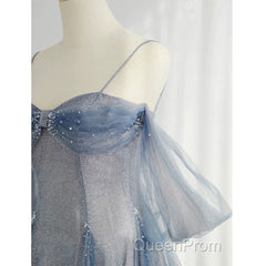 Pretty A Line Off The Shoulder Blue Sequin Tulle Long Length Evening Dresses Evening Prom Dresses