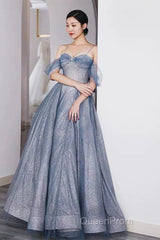 Pretty A Line Off The Shoulder Blue Sequin Tulle Long Length Evening Dresses Evening Prom Dresses