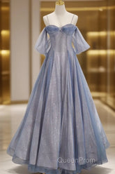 Pretty A Line Off The Shoulder Blue Sequin Tulle Long Length Evening Dresses Evening Prom Dresses