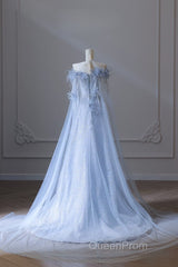 Pretty A Line Off The Shoulder Floor-Length Blue Sequin Short Sleeves Evening Dresses Evening Prom Dresses