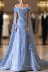 Pretty A Line Off The Shoulder Floor-Length Blue Sequin Short Sleeves Evening Dresses Evening Prom Dresses