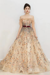 Pretty A Line Off The Shoulder Long Sleeves Floral Tulle Long Length Evening Dresses Evening Prom Dresses