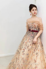 Pretty A Line Off The Shoulder Long Sleeves Floral Tulle Long Length Evening Dresses Evening Prom Dresses