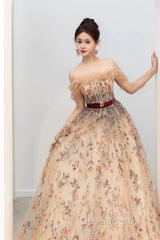 Pretty A Line Off The Shoulder Long Sleeves Floral Tulle Long Length Evening Dresses Evening Prom Dresses