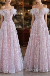 Pretty A Line Off The Shoulder Pink Sequin Long Evening Party Dresses Evening Prom Dresses