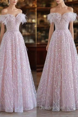 Pretty A Line Off The Shoulder Pink Sequin Long Evening Party Dresses Evening Prom Dresses