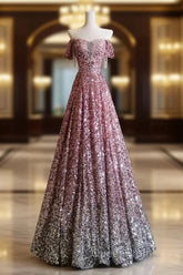 Pretty A Line Off The Shoulder Pink Sequin Long Evening Prom Dresses Evening Gowns