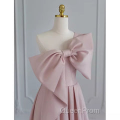 Pretty A Line One Shoulder Pink Satin Long Evening Party Dresses Evening Prom Dresses With Bowknot