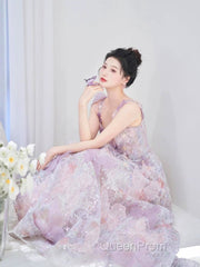 Pretty A Line Spaghetti Straps Pink Floral Long Length Evening Dresses Evening Prom Dresses