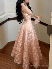 Pretty A Line Spaghetti Straps Pink Lace Satin Prom Dresses Evening Gowns