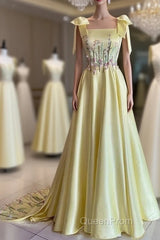 Pretty A Line Straps Satin Yellow Long Evening Prom Dresses Formal Evening Dresses