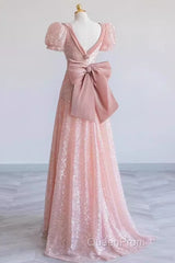 Pretty A Line Sweetheart Short Sleeves Long Evening Party Dresses Pink Evening Prom Dresses