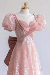 Pretty A Line Sweetheart Short Sleeves Long Evening Party Dresses Pink Evening Prom Dresses