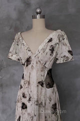 Pretty A Line V Neckline Floral Long Evening Prom Dresses Birthday Dresses For Women