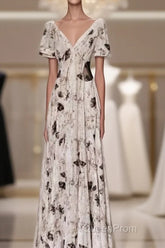 Pretty A Line V Neckline Floral Long Evening Prom Dresses Birthday Dresses For Women