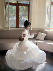 Pretty A Line V Neckline Long Sleeves Chiffon White Ankle Length Evening Dresses Evening Prom Dresses