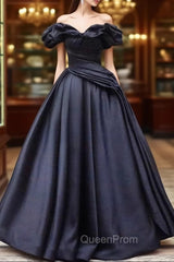 Pretty Ball Gown Off The Shoulder Black Satin Evening Prom Dresses Evening Dresses With Pleated