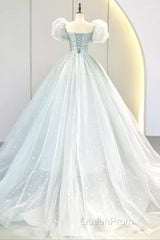 Pretty Ball Gown Square Neckline Short Sleeves Long Evening Party Dresses Evening Prom Dresses
