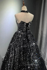 Pretty Ball Gown Strapless Black Sequin Evening Prom Dresses Evening Dresses