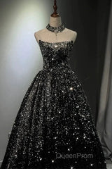 Pretty Ball Gown Strapless Black Sequin Evening Prom Dresses Evening Dresses