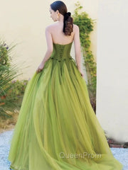 Pretty Ball Gown Strapless Bud Green Tulle Evening Prom Dresses Evening Dresses