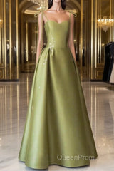 Pretty Ball Gown Straps Sage Green Satin Long Length Evening Dresses Evening Prom Dresses