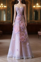 Pretty Ball Gown Sweetheart Pink Floral Tulle Long Evening Prom Dresses Evening Gowns