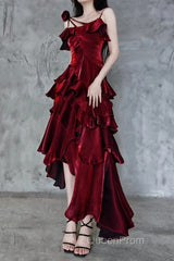 Pretty Irregular Ruffled Spaghetti Straps Burgundy Evening Prom Dresses With Detachable Rose Long Birthday Dresses For Women