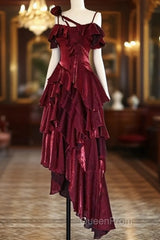 Pretty Irregular Ruffled Spaghetti Straps Burgundy Evening Prom Dresses With Detachable Rose Long Birthday Dresses For Women