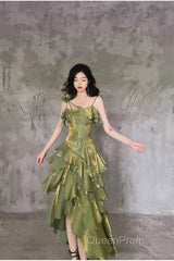 Pretty Irregular Ruffled Spaghetti Straps Green Evening Prom Dresses With Detachable Rose Long Birthday Dresses For Women