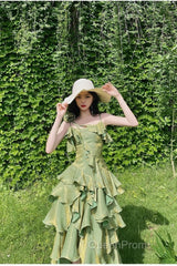 Pretty Irregular Ruffled Spaghetti Straps Green Evening Prom Dresses With Detachable Rose Long Birthday Dresses For Women