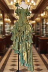 Pretty Irregular Ruffled Spaghetti Straps Green Evening Prom Dresses With Detachable Rose Long Birthday Dresses For Women