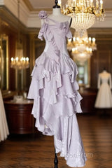 Pretty Irregular Ruffled Suspender Evening Prom Dresses With Detachable Rose Long Birthday Dresses For Women